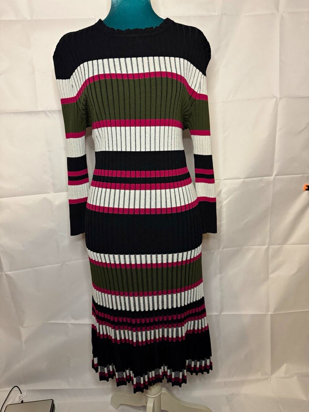 Shoshanna M Striped Ribbed Knit Midi Sweater Dress Crew Neck 3/4